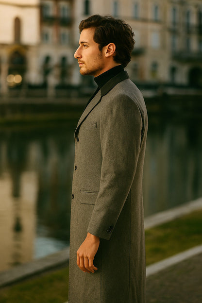 Herringbone Wool & Cashmere Chesterfield Overcoat  1920s Full Length