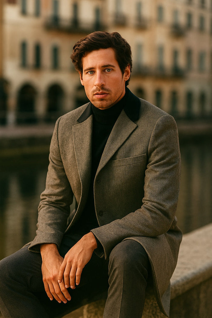 Herringbone Wool & Cashmere Chesterfield Overcoat  1920s Full Length