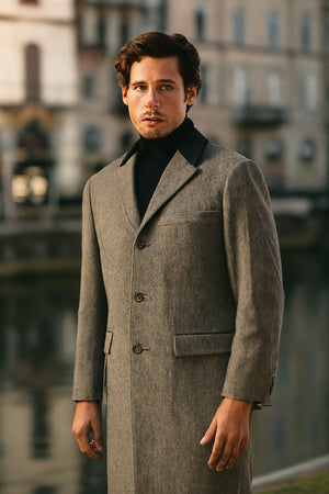 Herringbone Wool & Cashmere Chesterfield Overcoat  1920s Full Length