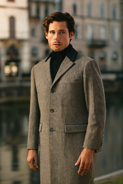 Herringbone Wool & Cashmere Chesterfield Overcoat  1920s Full Length