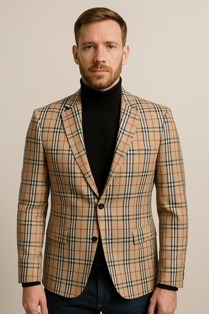 Classic Beige Checkered Blazer  Tan Plaid Sport Coat - Camel Windowpane Pattern