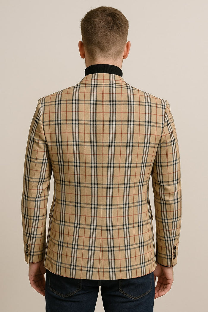 Classic Beige Checkered Blazer  Tan Plaid Sport Coat - Camel Windowpane Pattern