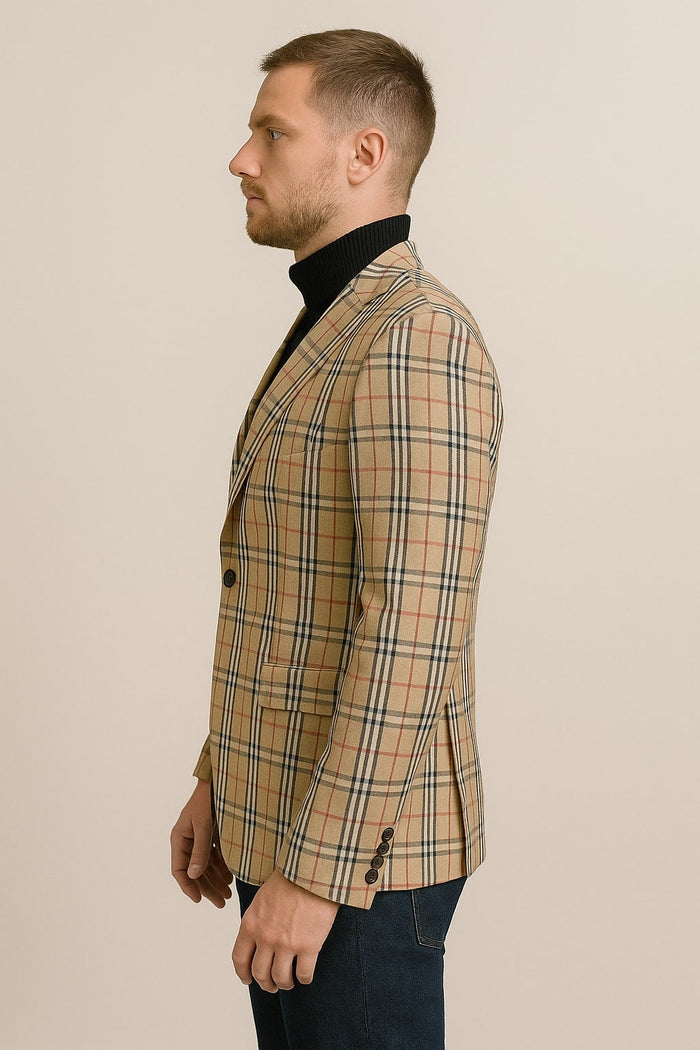 Classic Beige Checkered Blazer  Tan Plaid Sport Coat - Camel Windowpane Pattern