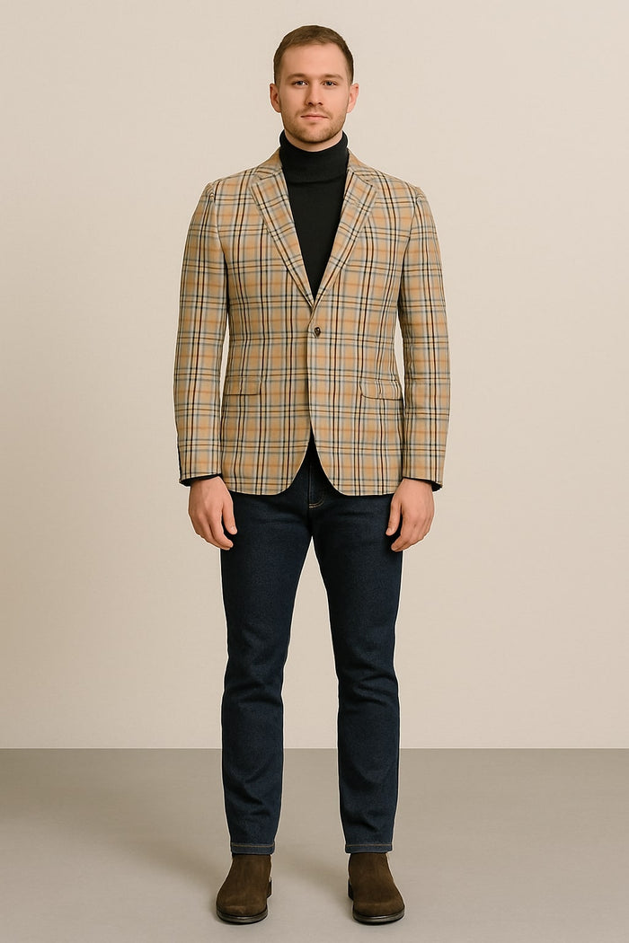 Classic Beige Checkered Blazer  Tan Plaid Sport Coat - Camel Windowpane Pattern