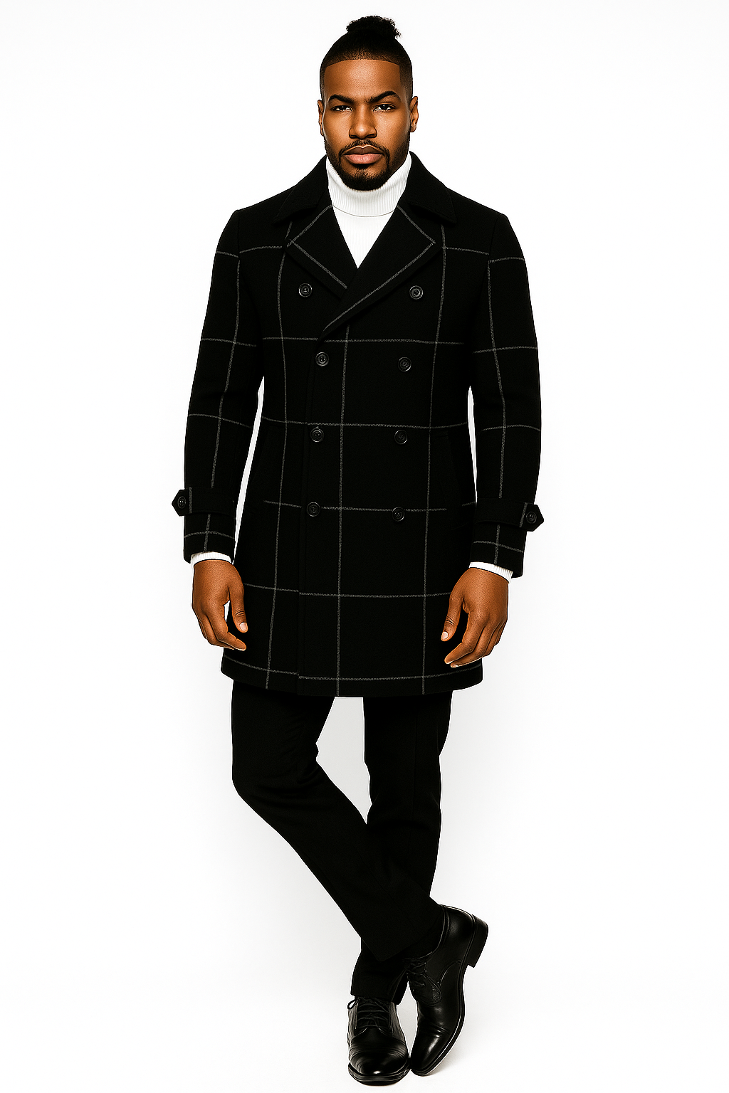 Mens Plaid Overcoat - Wool Peacoat - Plaid Topcoats Six Button Black