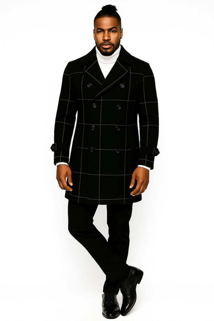 Mens Plaid Overcoat - Wool Peacoat - Plaid Topcoats Six Button Black