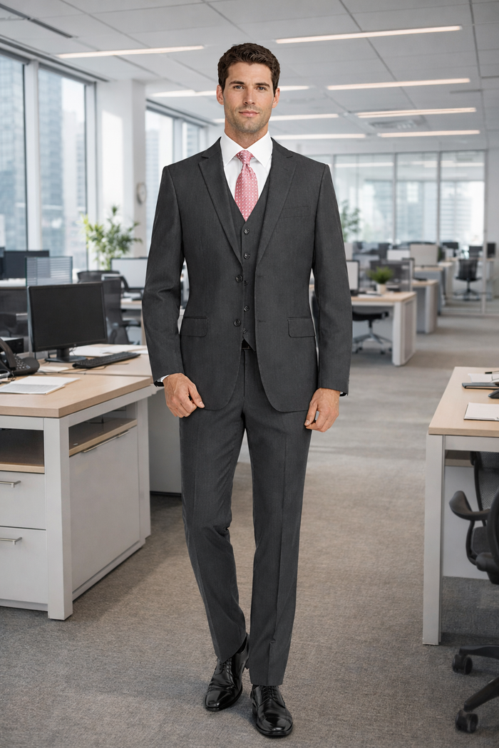 Mens Charcoal Tiglio Suit – Classic 3 Piece Dark Grey Suit for Business, Wedding and Formal Wear