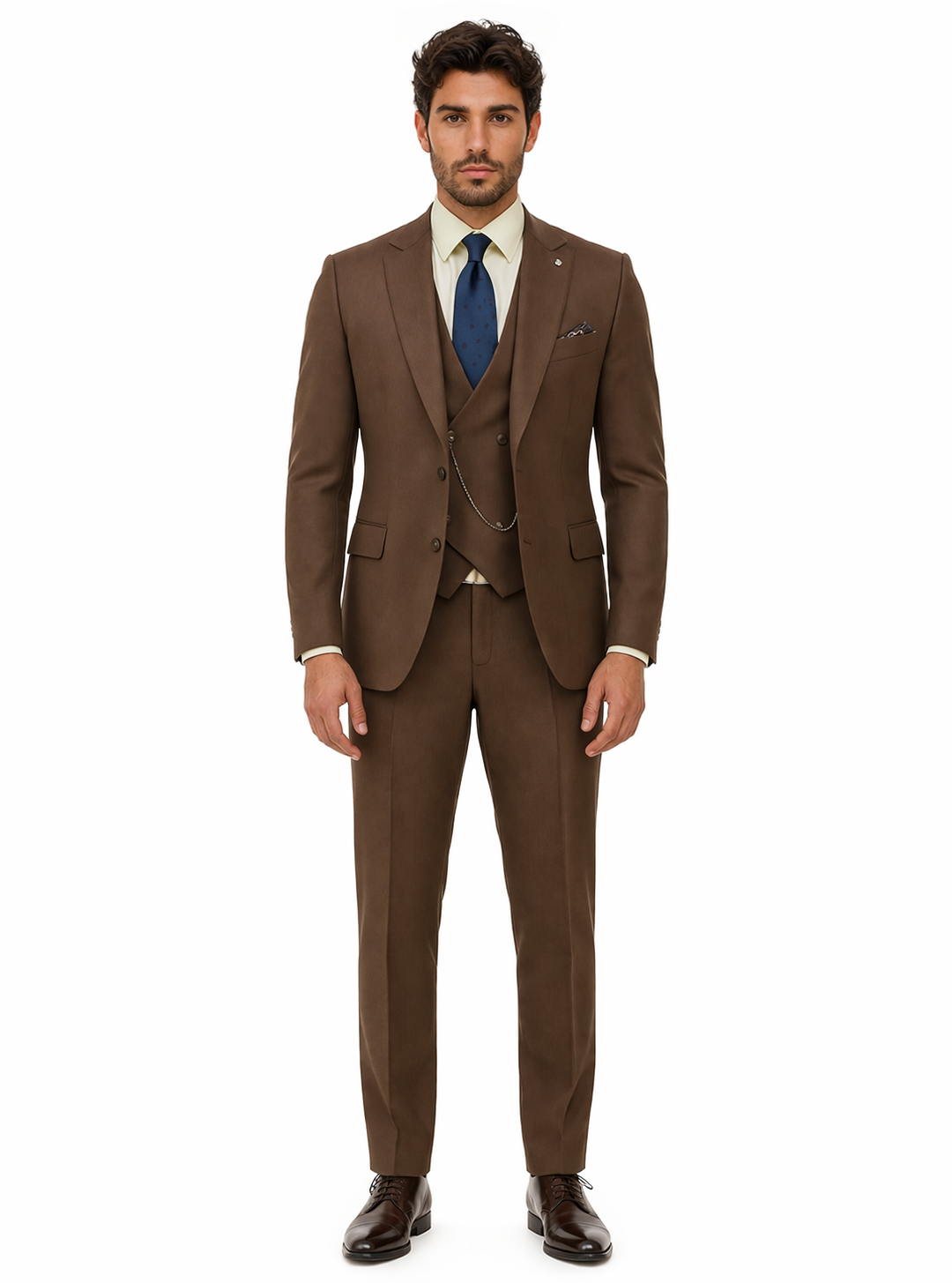 Classic Formal Brown Suit for Men  Vest & Chain 3-Piece Design