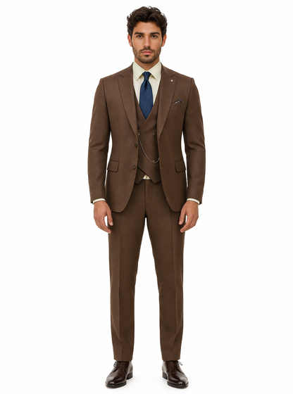 Classic Formal Brown Suit for Men  Vest & Chain 3-Piece Design