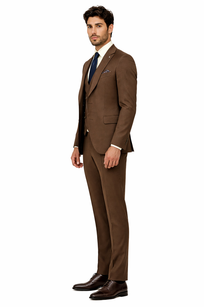 Classic Formal Brown Suit for Men - Vest & Chain 3-Piece Design