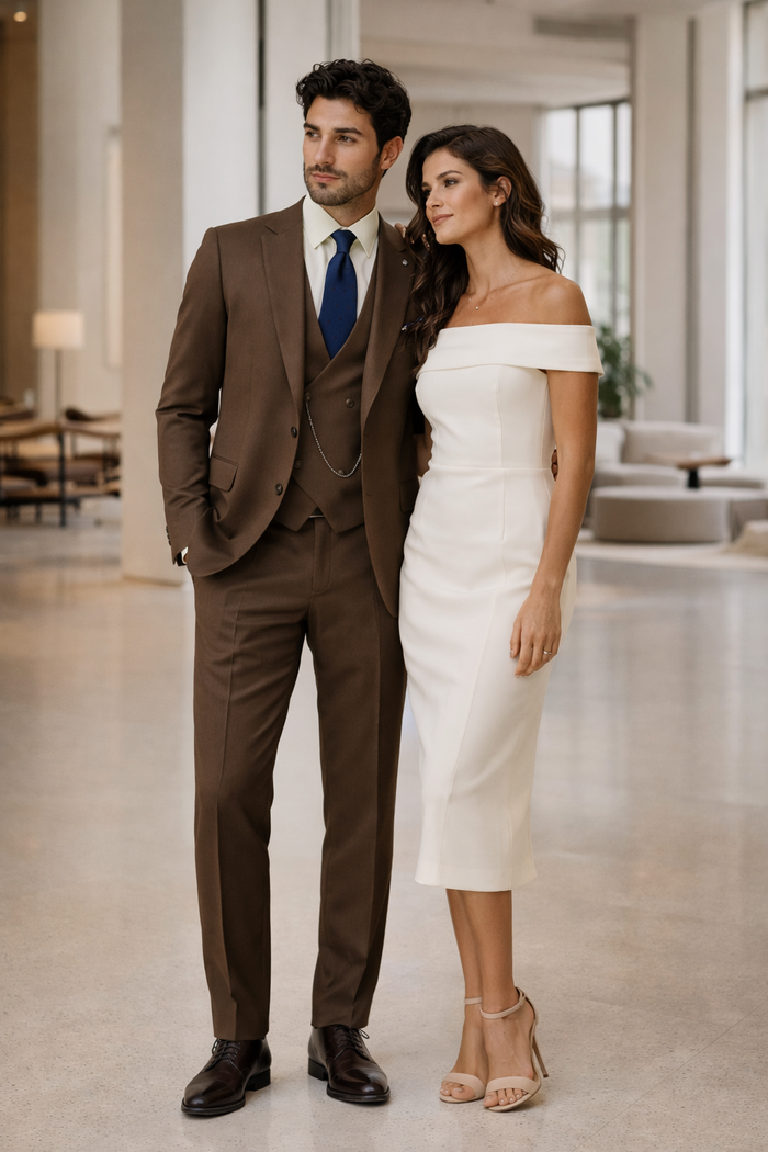 Classic Formal Brown Suit for Men - Vest & Chain 3-Piece Design