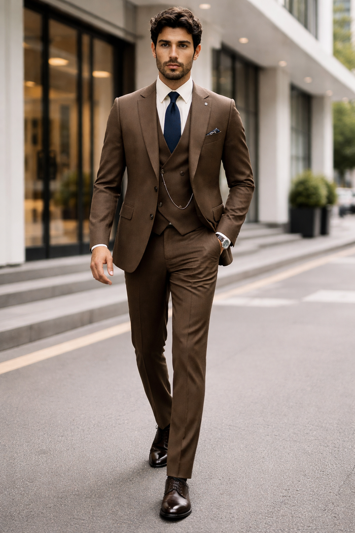Classic Formal Brown Suit for Men - Vest & Chain 3-Piece Design