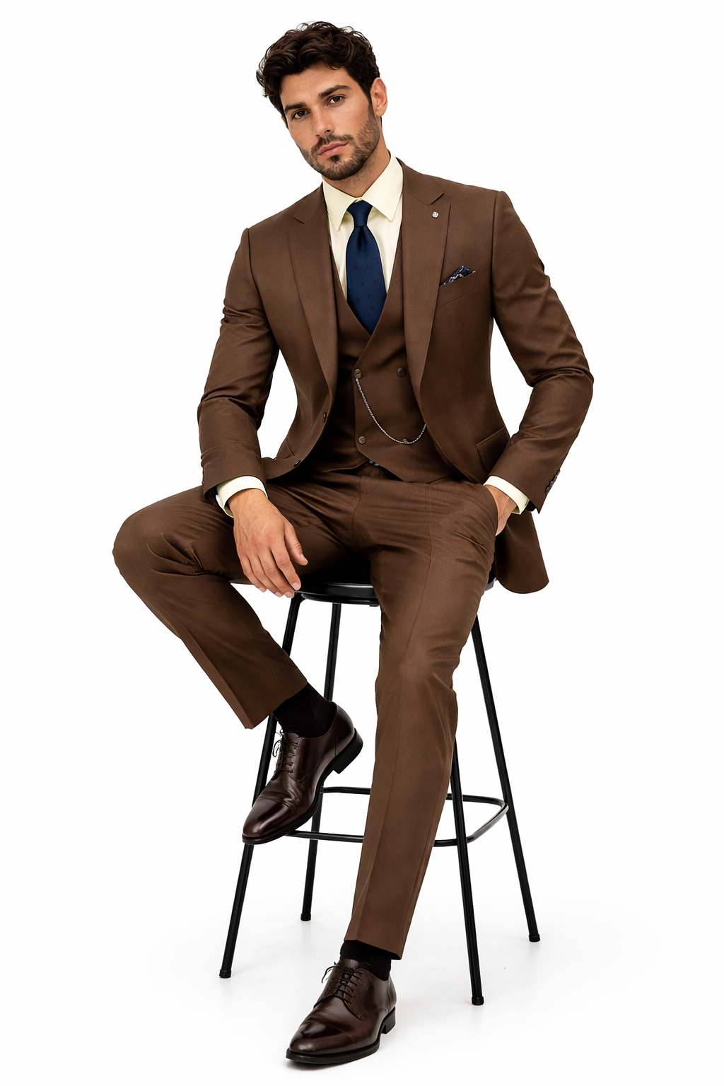 Classic Formal Brown Suit for Men  Vest & Chain 3-Piece Design
