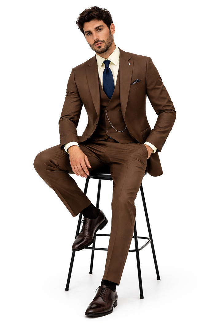 Classic Formal Brown Suit for Men - Vest & Chain 3-Piece Design