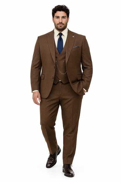 Classic Formal Brown Suit for Men  Vest & Chain 3-Piece Design