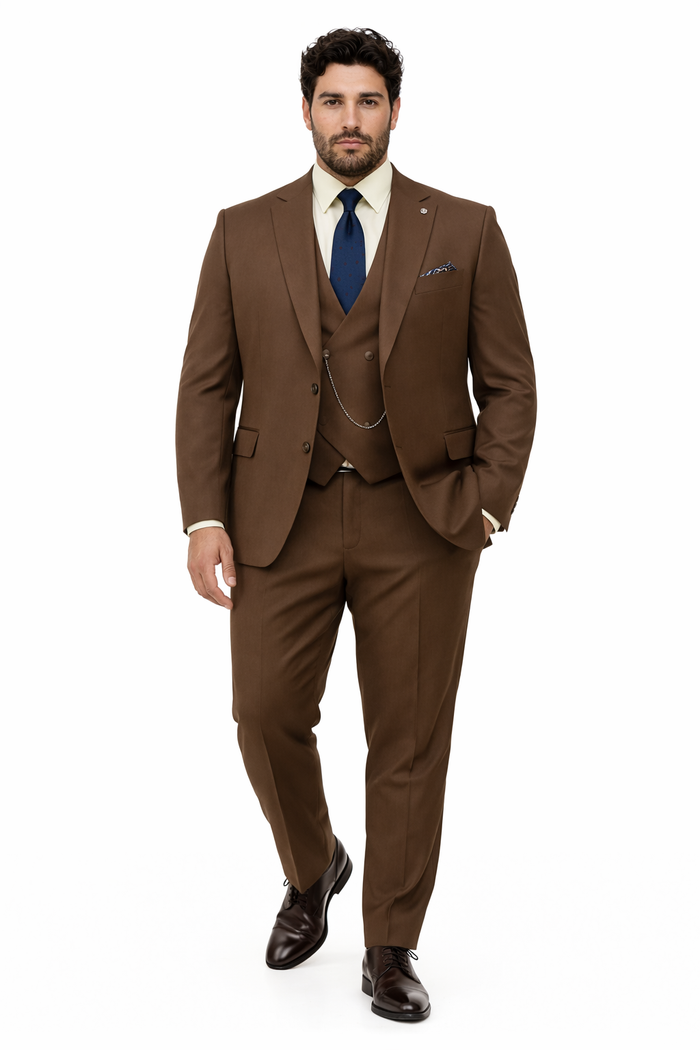 Classic Formal Brown Suit for Men - Vest & Chain 3-Piece Design