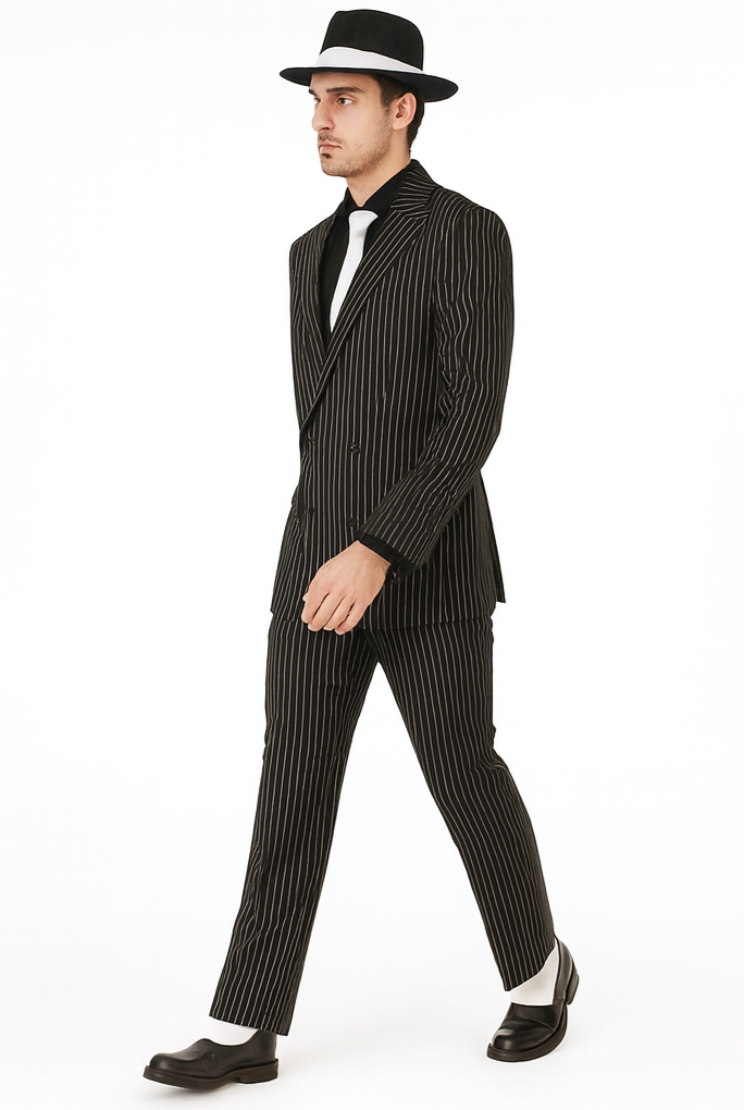 Classic Gangster Jet Black And White Pinstripe Double Breasted Suits Fashion Suits