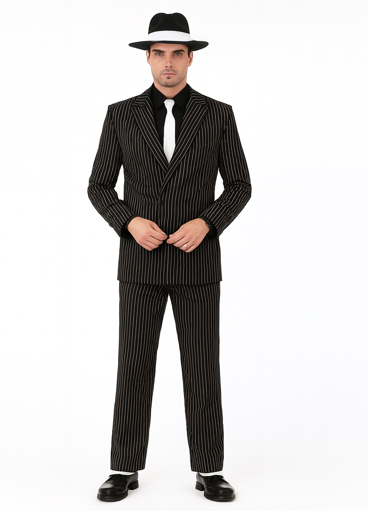 Classic Gangster Jet Black And White Pinstripe Double Breasted Suits Fashion Suits