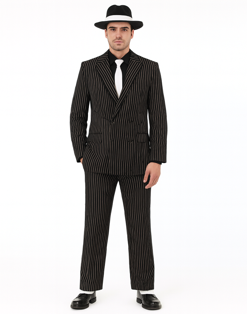 Classic Gangster Jet Black And White Pinstripe Double Breasted Suits Fashion Suits