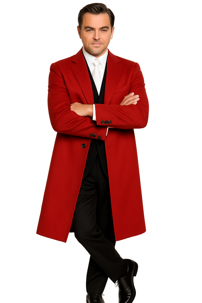 Men's Three Buttons Red Wool Fabric Overcoat / Long men's Dress Topcoat - Winter coat