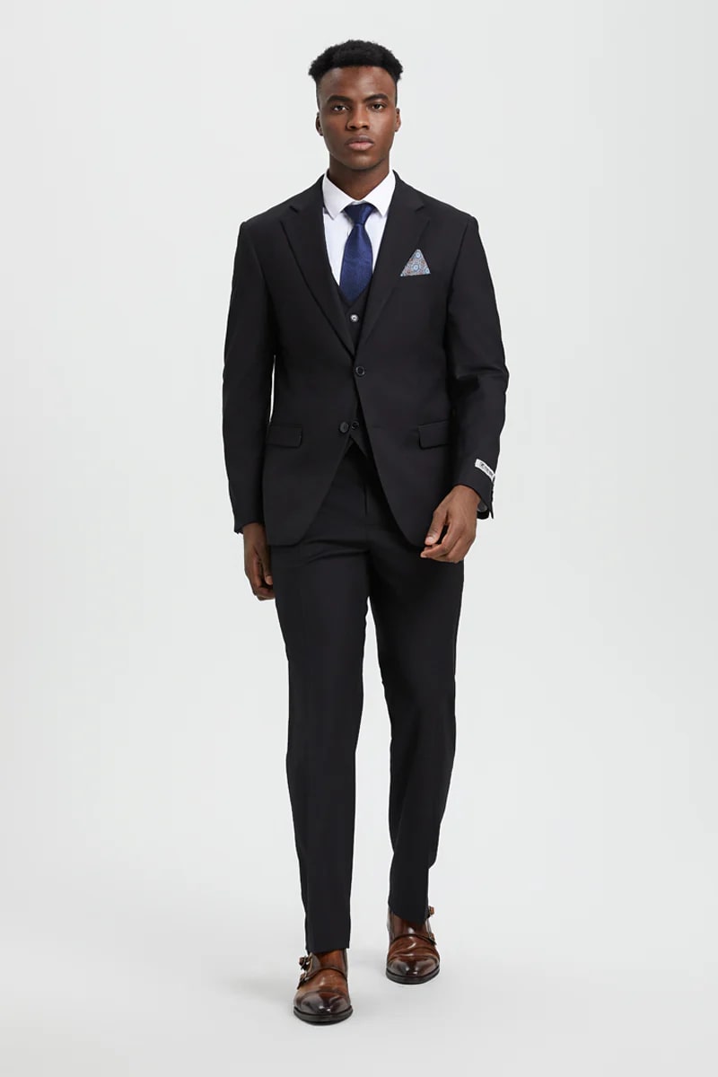 Basic Suit Collection 38 Men's Two Button Vested Stacy Adams Designer Basic Suit In Black