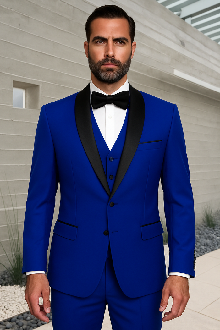 Men's 1 Button Shawl Lapel Vested Wool Wedding - Prom Tuxedo in Sapphire Blue - Men's Slim Fitted Tuxedo