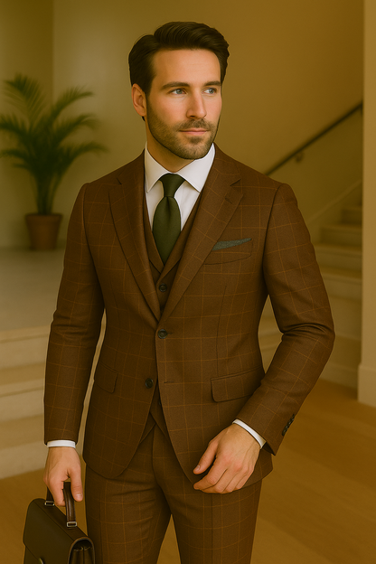 Wool Suit - Italian Made Business Suit by Statement Men's 3 Piece 100% Wool Modern Fit Suit - V-Neck Double Breasted Vest