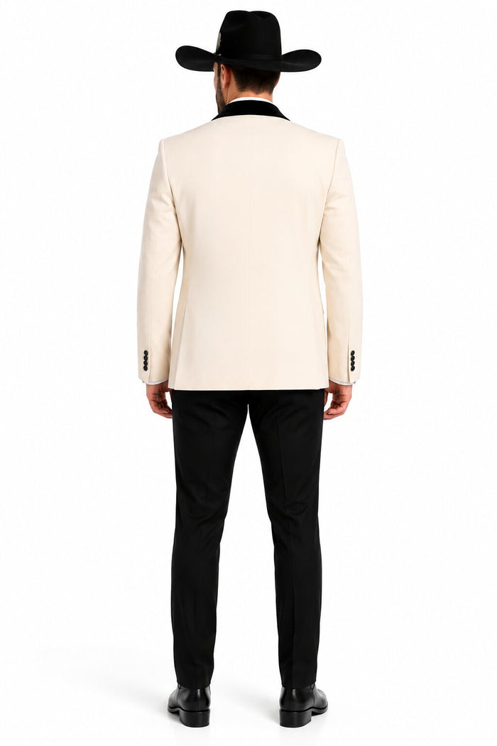 Mens Western Tuxedo Suit – Cream Cowboy Blazer with Black Velvet Vest and Satin Shawl Lapel