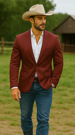 Mens Cowboy Blazer - Western Sport Coat in Color Burgundy
