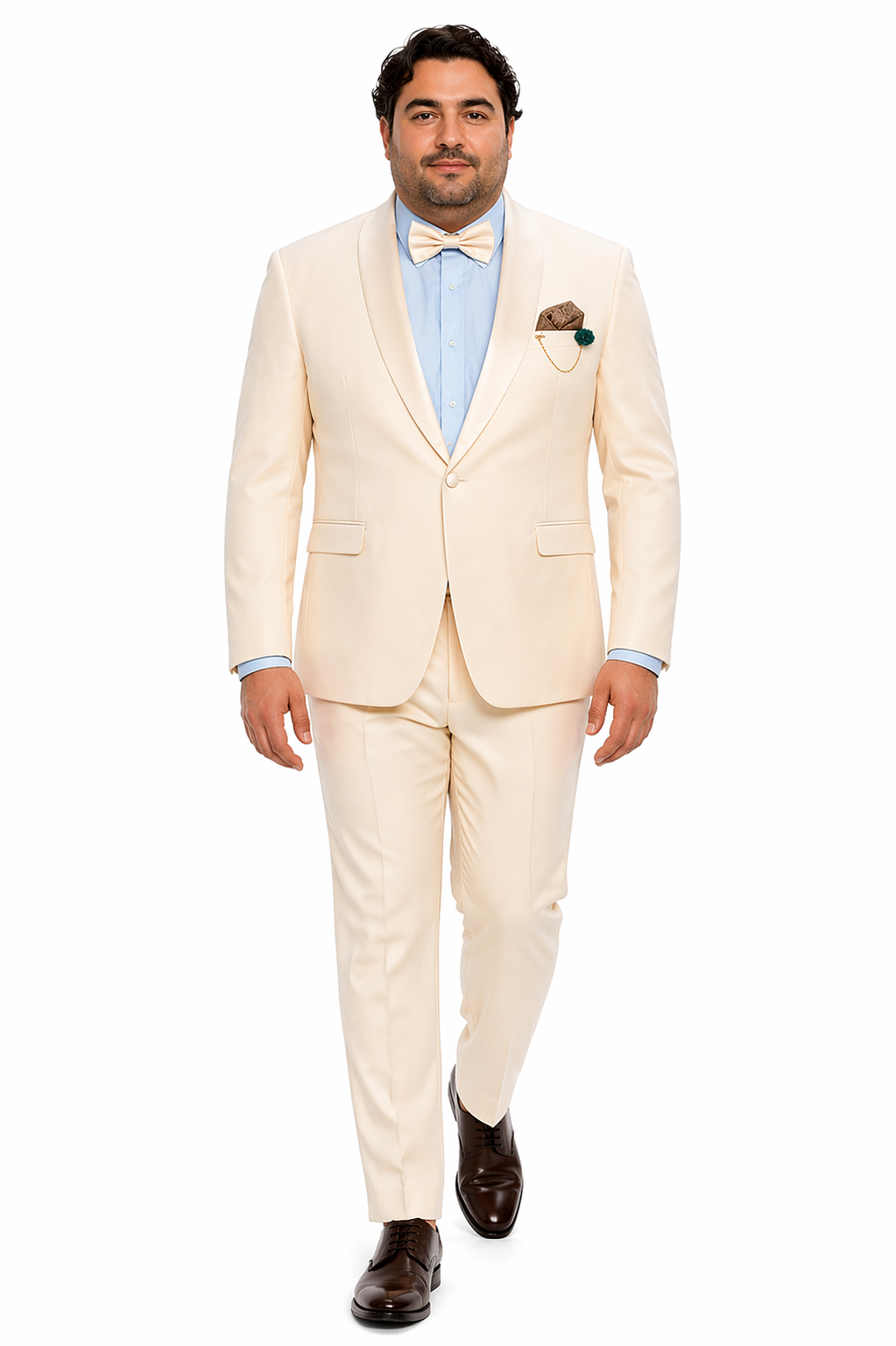 Cream Tuxedo Suit for Men One Button Satin Lapel Formal Suit - Champagne Color Light Tan Tuxedo