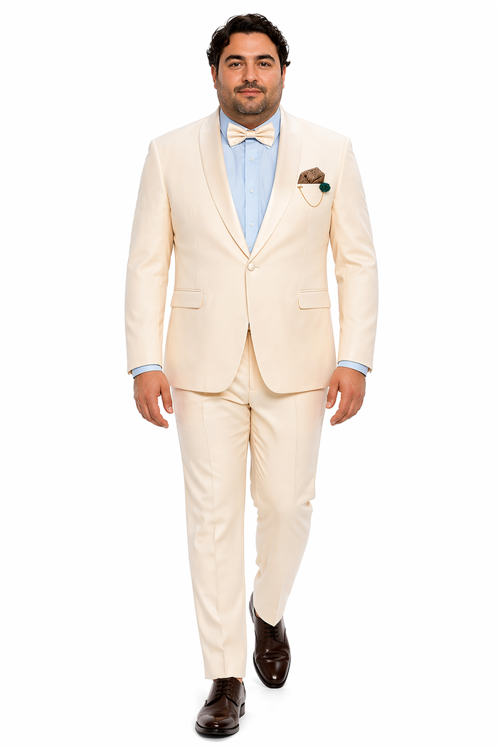 Cream Tuxedo Suit for Men One Button Satin Lapel Formal Suit - Champagne Color Light Tan Tuxedo