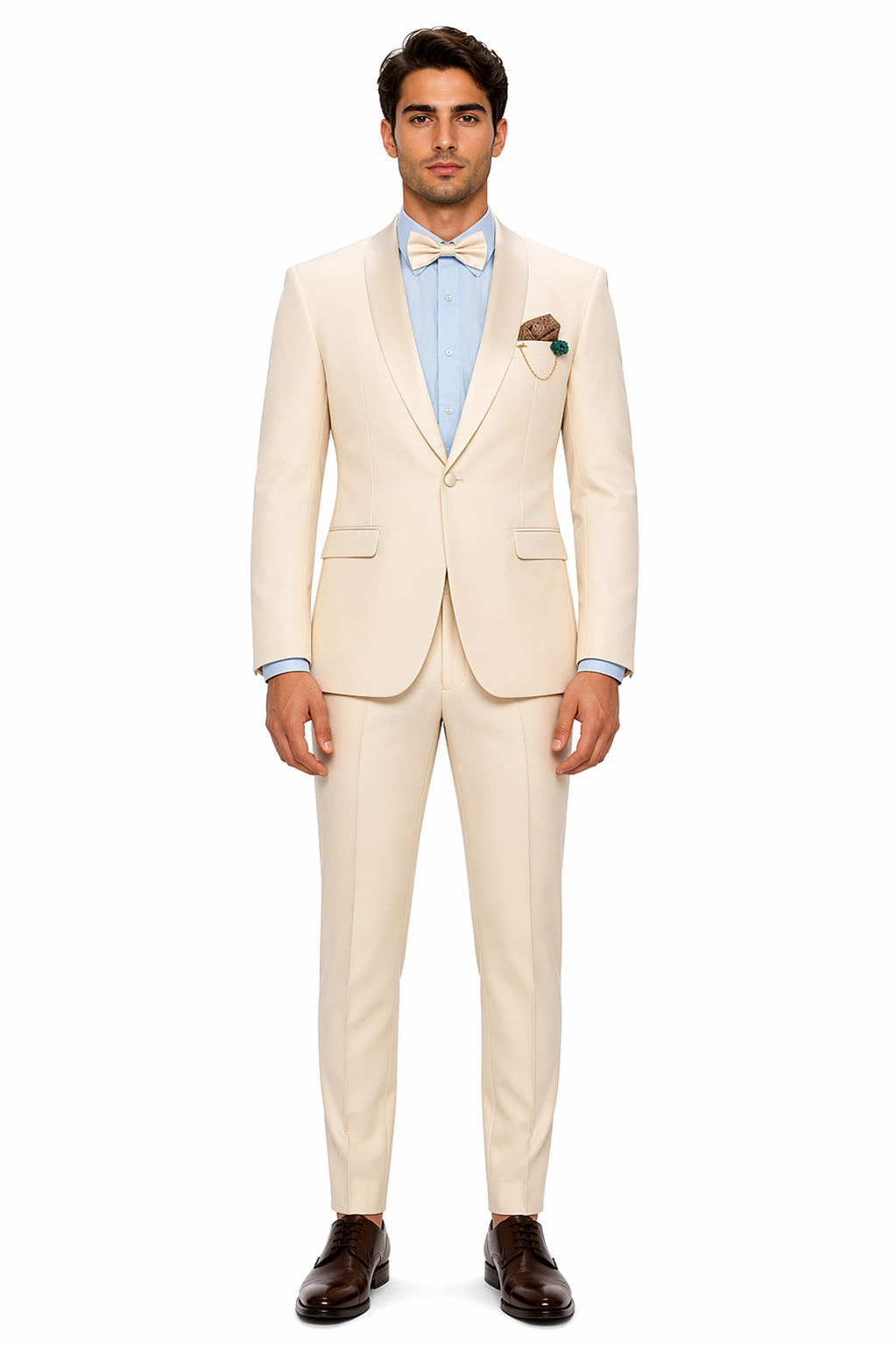 Cream Tuxedo Suit for Men One Button Satin Lapel Formal Suit - Champagne Color Light Tan Tuxedo