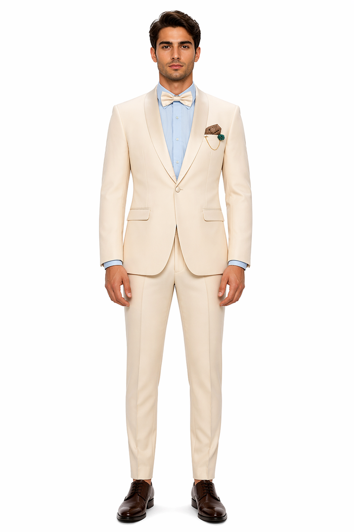 Cream Tuxedo Suit for Men One Button Satin Lapel Formal Suit - Champagne Color Light Tan Tuxedo