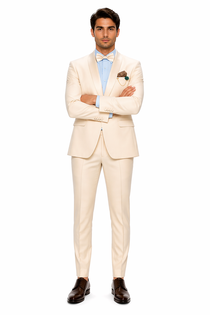 Cream Tuxedo Suit for Men One Button Satin Lapel Formal Suit - Champagne Color Light Tan Tuxedo