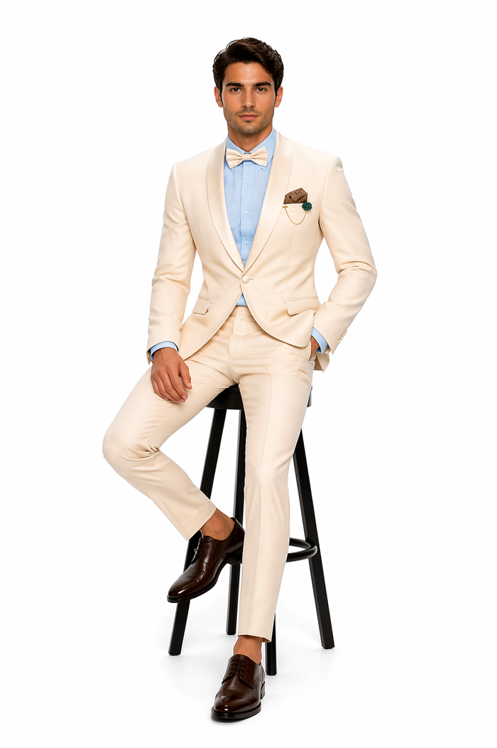 Cream Tuxedo Suit for Men One Button Satin Lapel Formal Suit - Champagne Color Light Tan Tuxedo