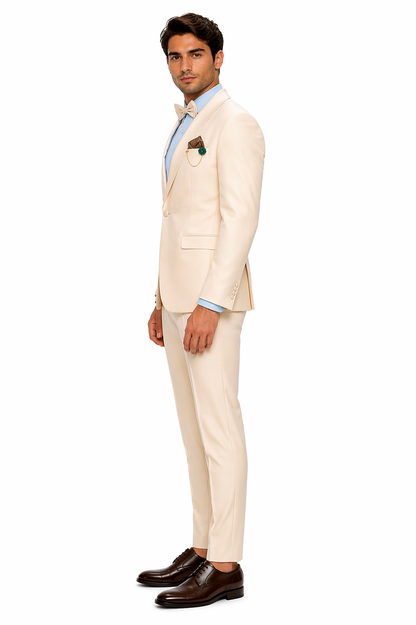 Cream Tuxedo Suit for Men One Button Satin Lapel Formal Suit - Champagne Color Light Tan Tuxedo