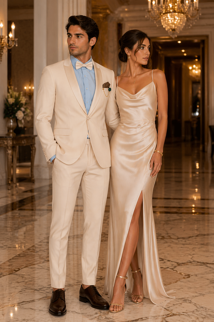 Cream Tuxedo Suit for Men One Button Satin Lapel Formal Suit - Champagne Color Light Tan Tuxedo