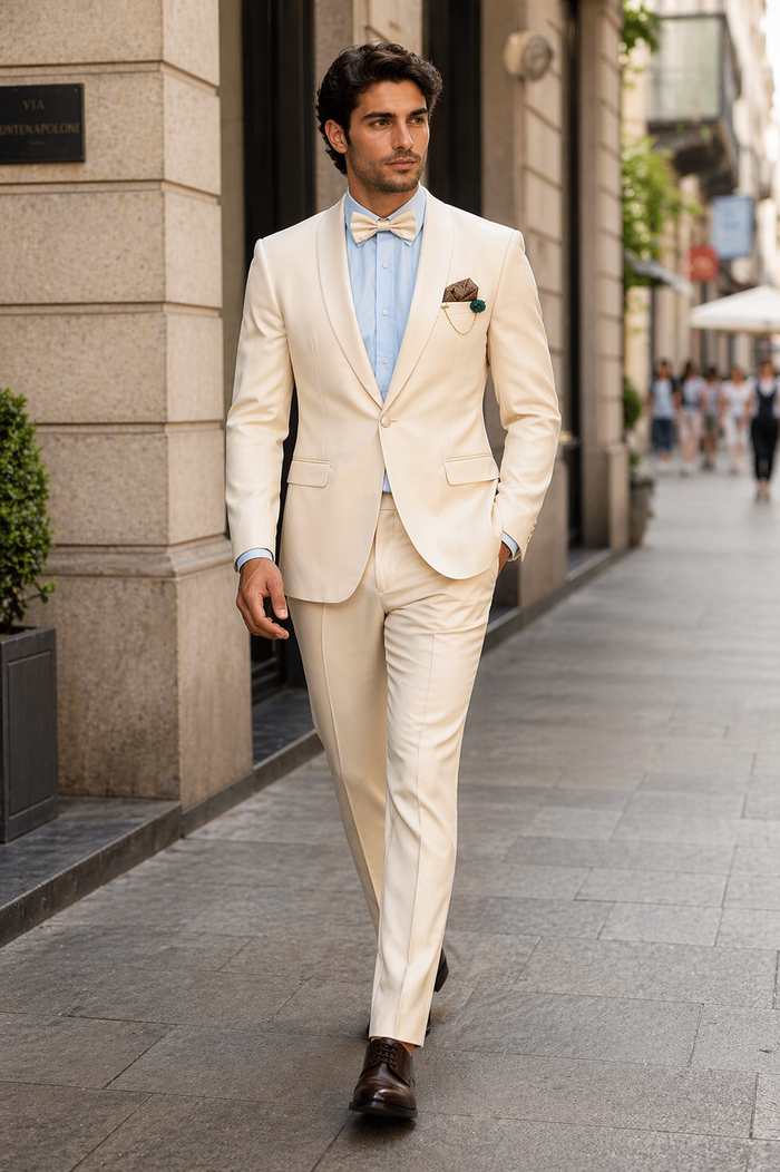 Cream Tuxedo Suit for Men One Button Satin Lapel Formal Suit - Champagne Color Light Tan Tuxedo