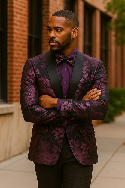 Men's Shiny Foil Floral Paisley Prom & Wedding Tuxedo Jacket in Purple Lavender