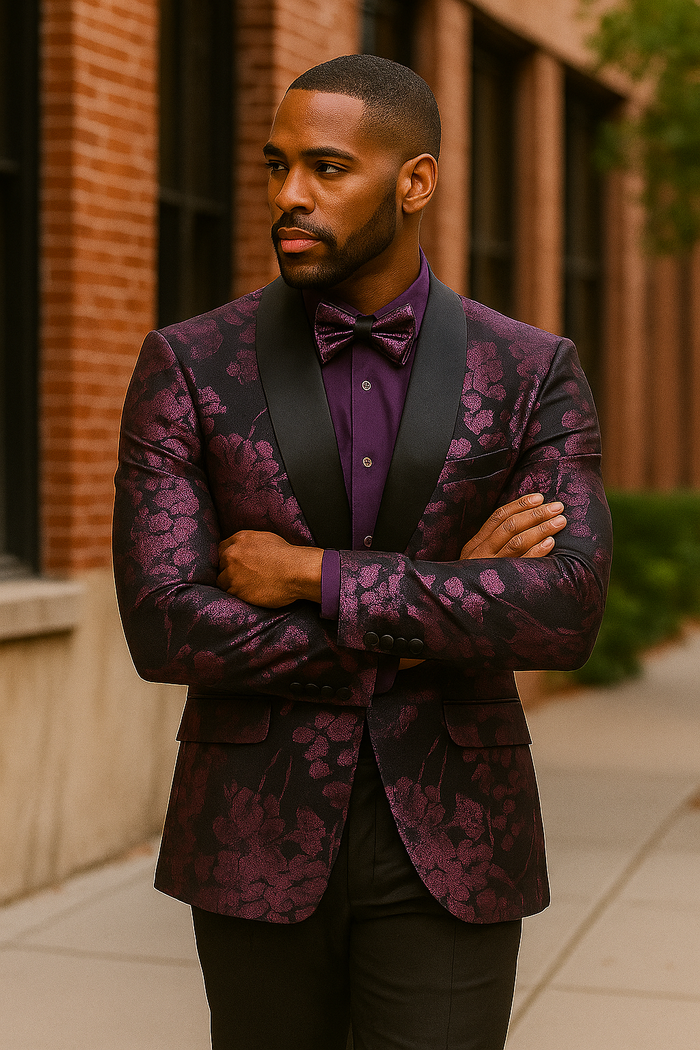 Men's Shiny Foil Floral Paisley Prom & Wedding Tuxedo Jacket in Purple Lavender