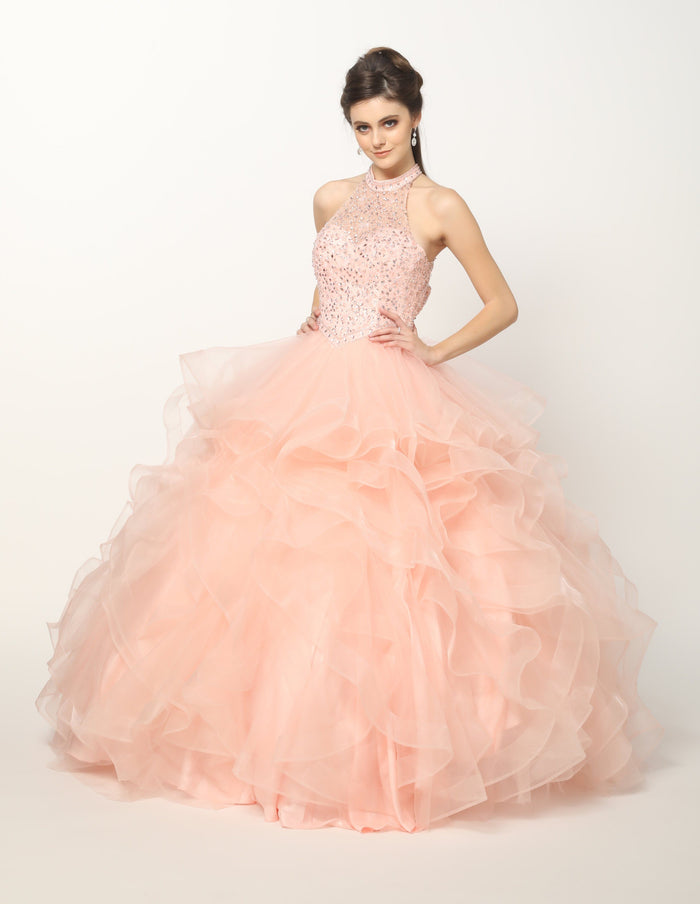Juliet 1420 Crystal-Beaded Quinceanera Dress Tulle High Neck Ball Gown
