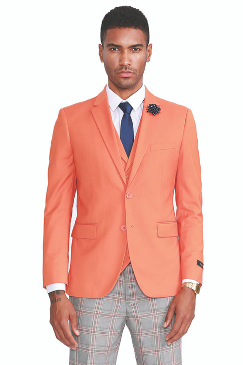 "Orange Men's Summer Suit Plaid Pants - Two Button Vested Style"