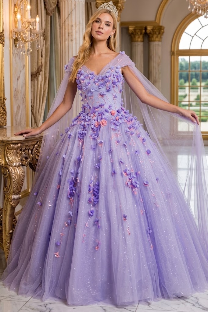 3D Floral Cape Sleeve Ball Gown by Elizabeth KGL1974