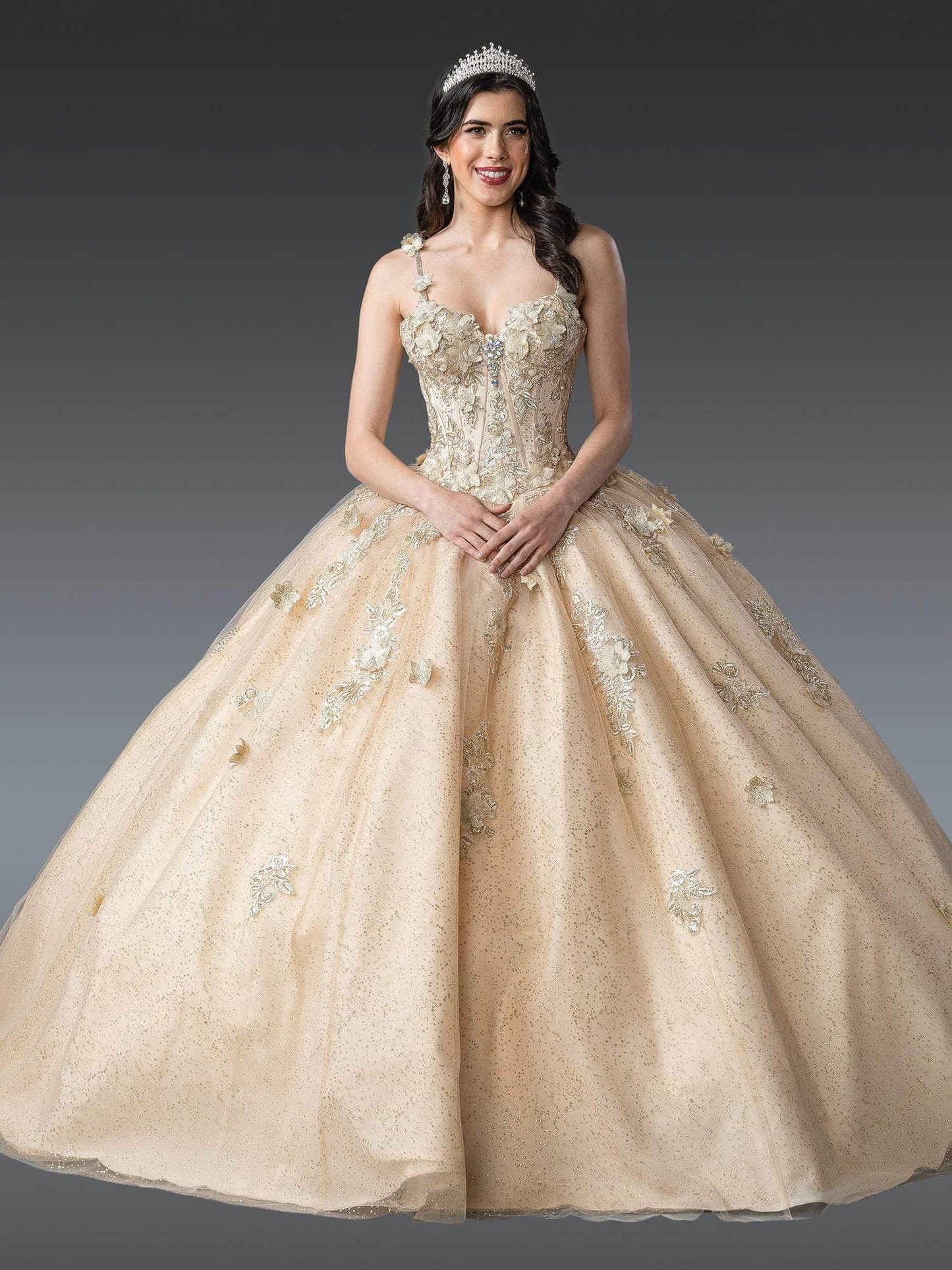 Dancing Queen 1915 - Sleeveless Corset Bodice Floral Ballgown Quinceanera Dresses XS / Champagne