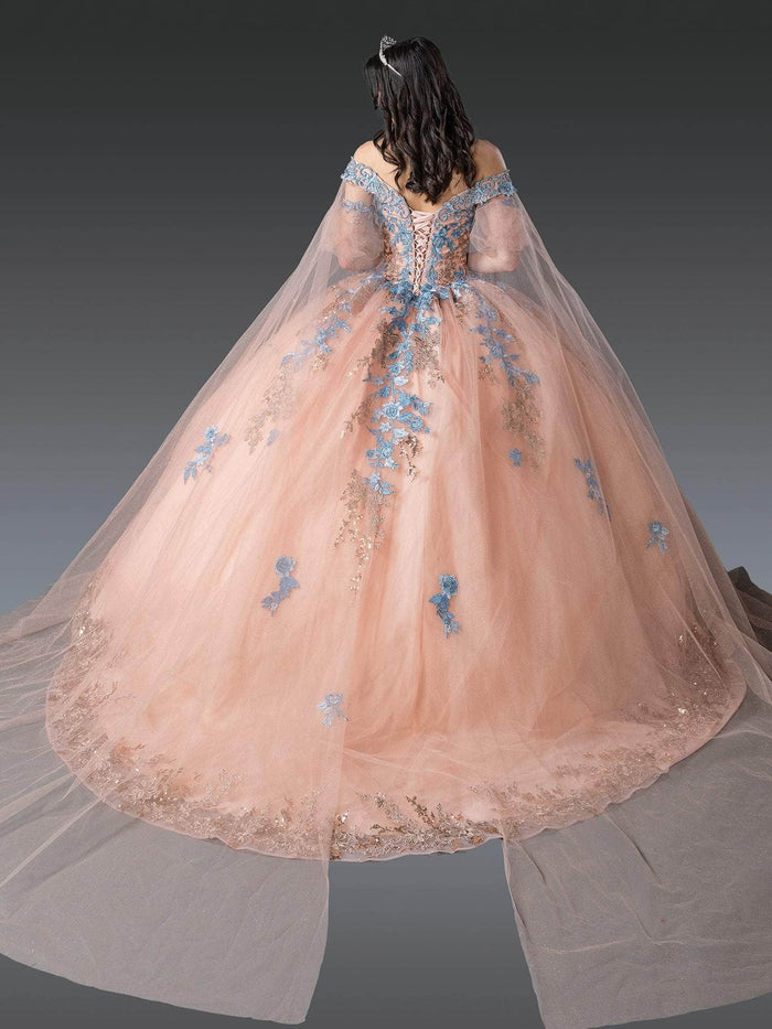 Dancing Queen 1921 - Floral Embroidered Ballgown with Sheer Cape Quinceanera Dresses XS / Rose Gold/Bahama Blue