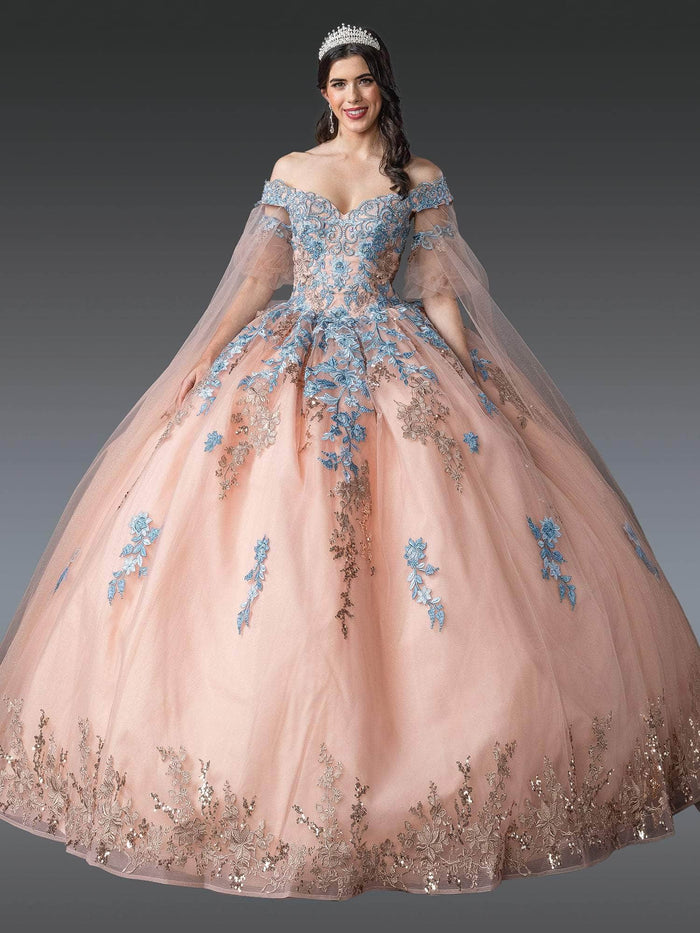 Dancing Queen 1921 - Floral Embroidered Ballgown with Sheer Cape Quinceanera Dresses XS / Rose Gold/Bahama Blue
