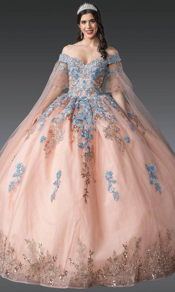 Dancing Queen 1921 - Floral Embroidered Ballgown with Sheer Cape Quinceanera Dresses XS / Rose Gold/Bahama Blue
