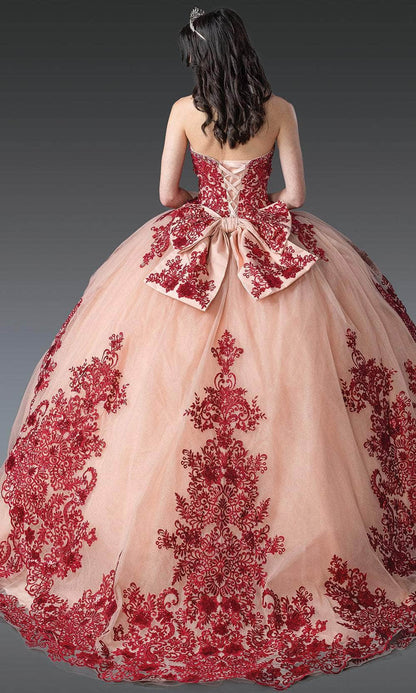 Dancing Queen 1928 - Embroidered Glitter Strapless Ballgown Quinceanera Dresses XS / Rose Gold/Burgundy