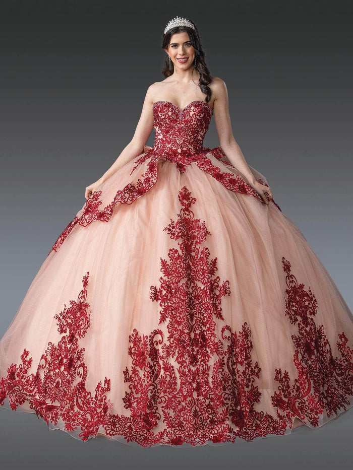 Dancing Queen 1928 - Embroidered Glitter Strapless Ballgown Quinceanera Dresses XS / Rose Gold/Burgundy