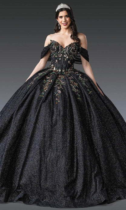 Dancing Queen 1939 - Glitter Embroidered V-Neck Ballgown Quinceanera Dresses XS / Black